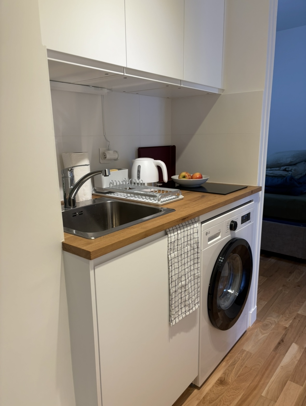 Kitchenette dans le couloir d‘entrée : évier, deux plaques, mini-frigo (avec un espace congélateur) et combiné lave-sèche linge
